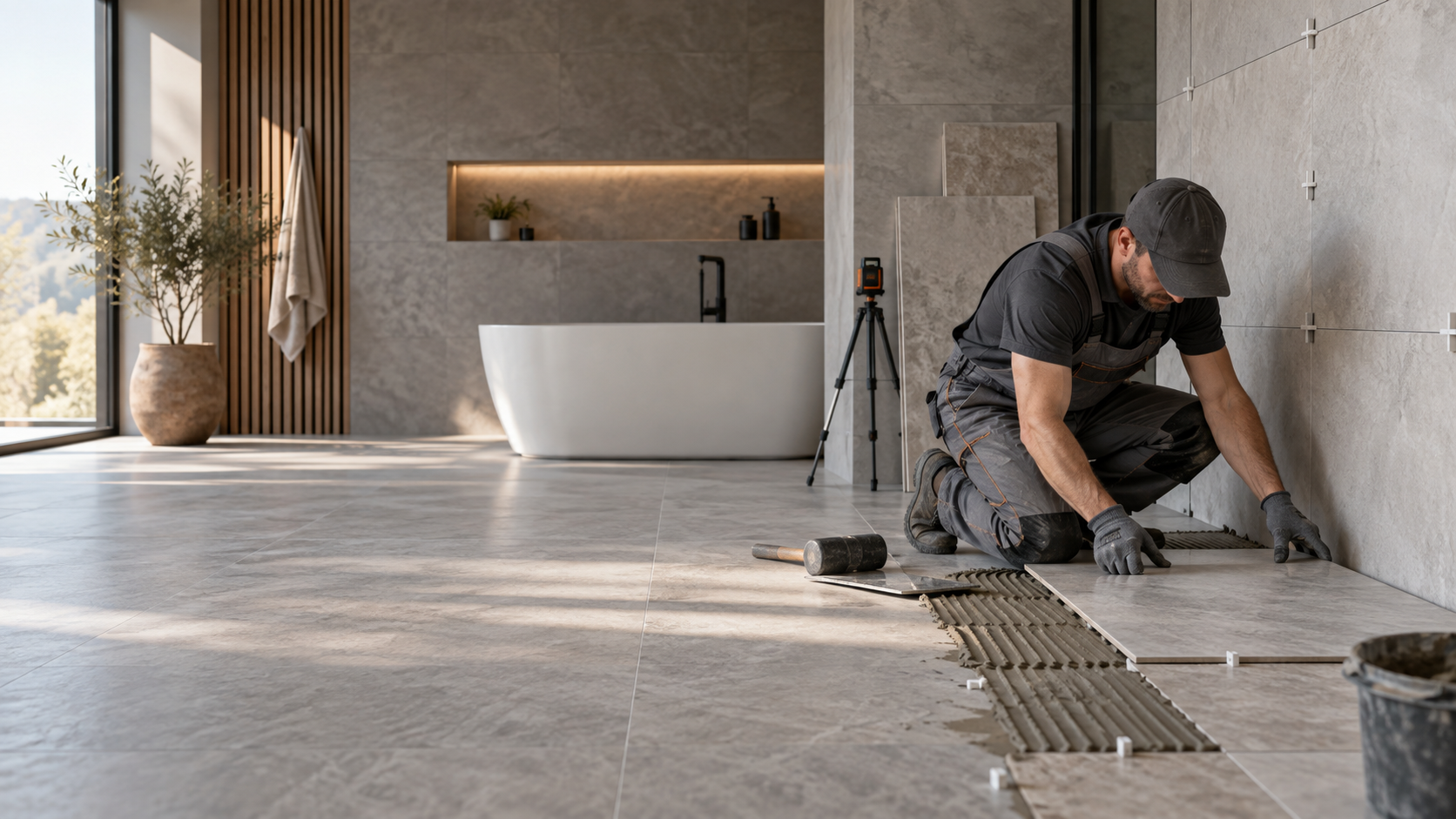 Professional tiler installing large-format porcelain tiles