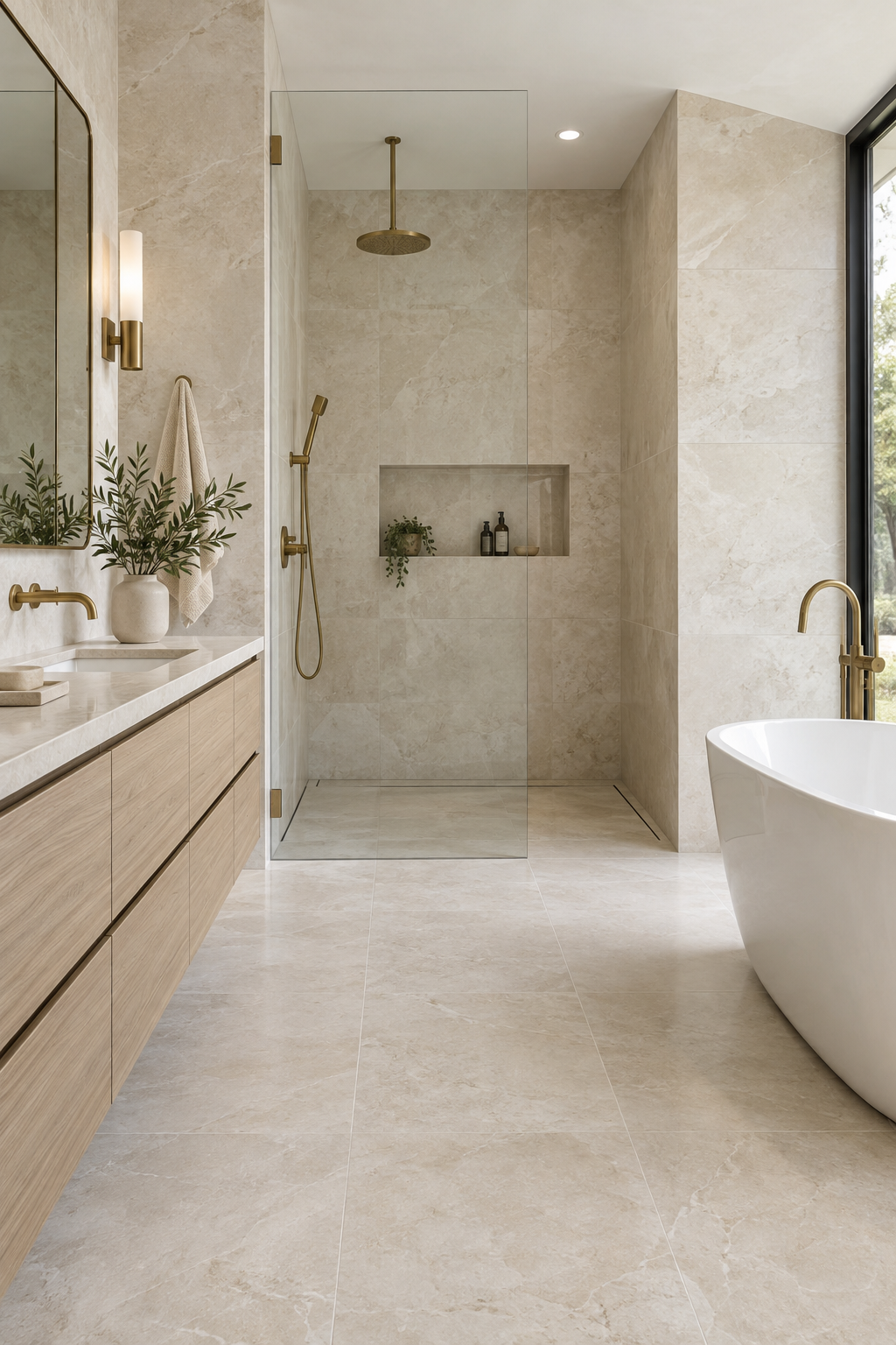 Completed luxury bathroom with precisely aligned porcelain tile
